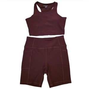 Burgundy Matching Athletic Set Crop Top & Biker Shorts Athleisure Size L
